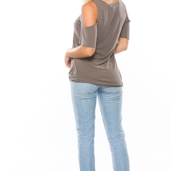 COLD SHOULDER DISTRESSED LIGHT BROWN TEE - Picture 5 of 6